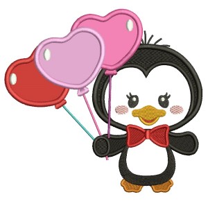 Cute Little Penguin Holding Balloons Applique Machine Embroidery Design Digitized Pattern